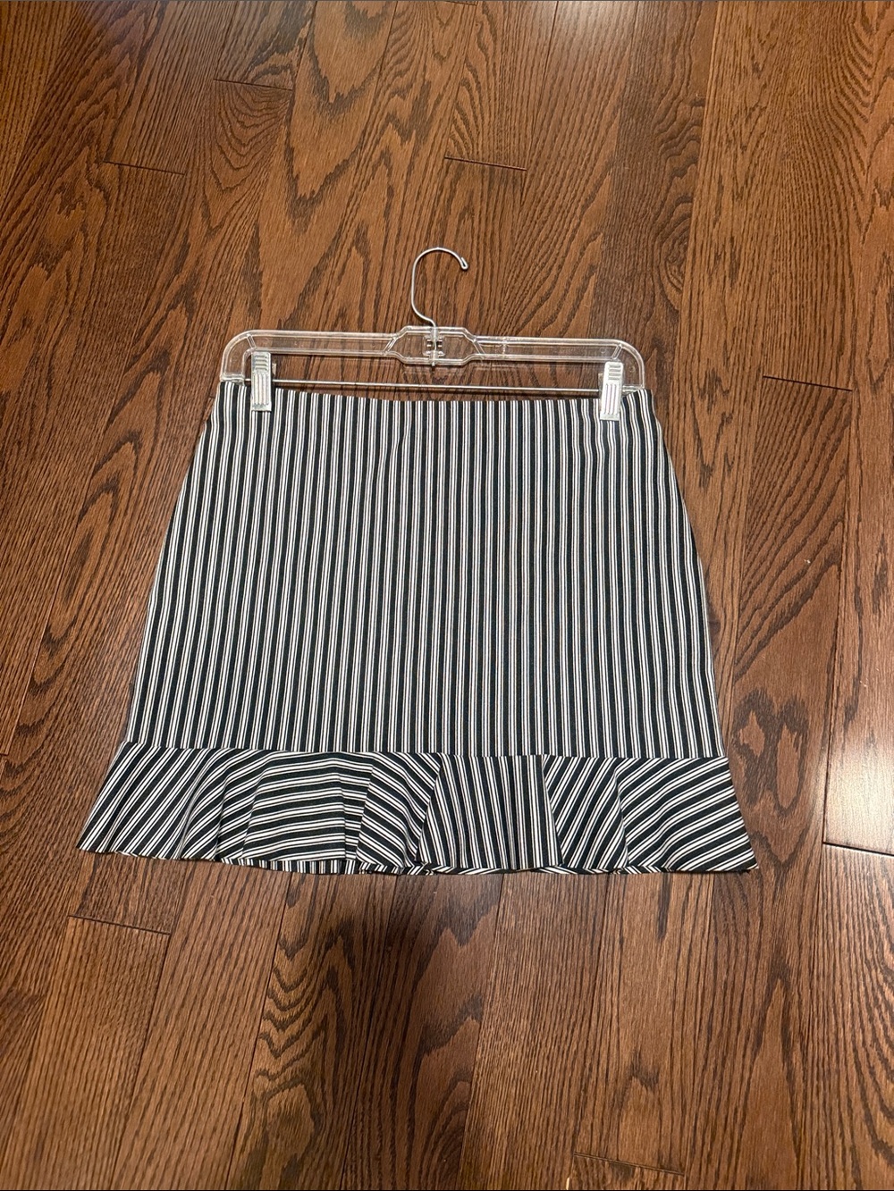 Bailey 44 Black and White Vertical Stripe Mini Skirt with Ruffle Hem